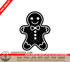 A Black And White Gingerbread Man With A Bow Tie SVG - Decorated Gingerbread Man SVG