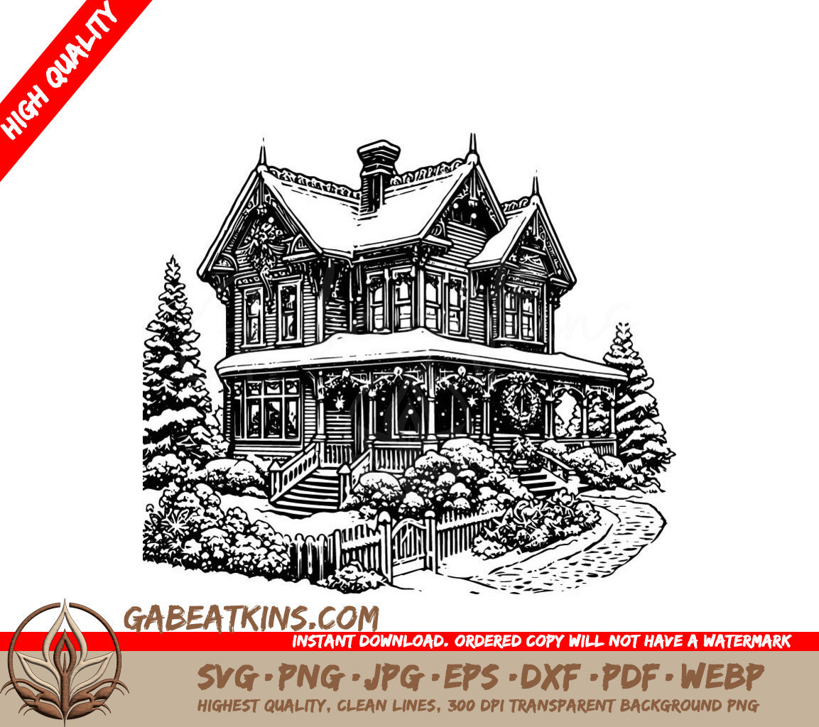  A House Decorated For Christmas SVG - Decorated Victorian House SVG