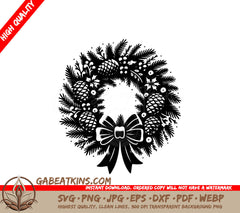 A Black And White Christmas Wreath With Pine Cones And A Bow SVG - Detailed Christmas Wreath SVG