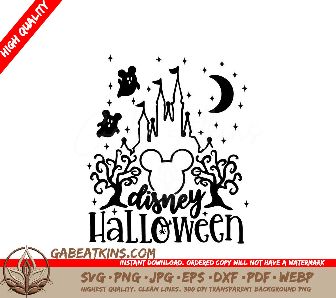 A Disney Halloween Poster With A Castle Ghosts And Trees SVG - Disney Halloween Castle SVG SVG