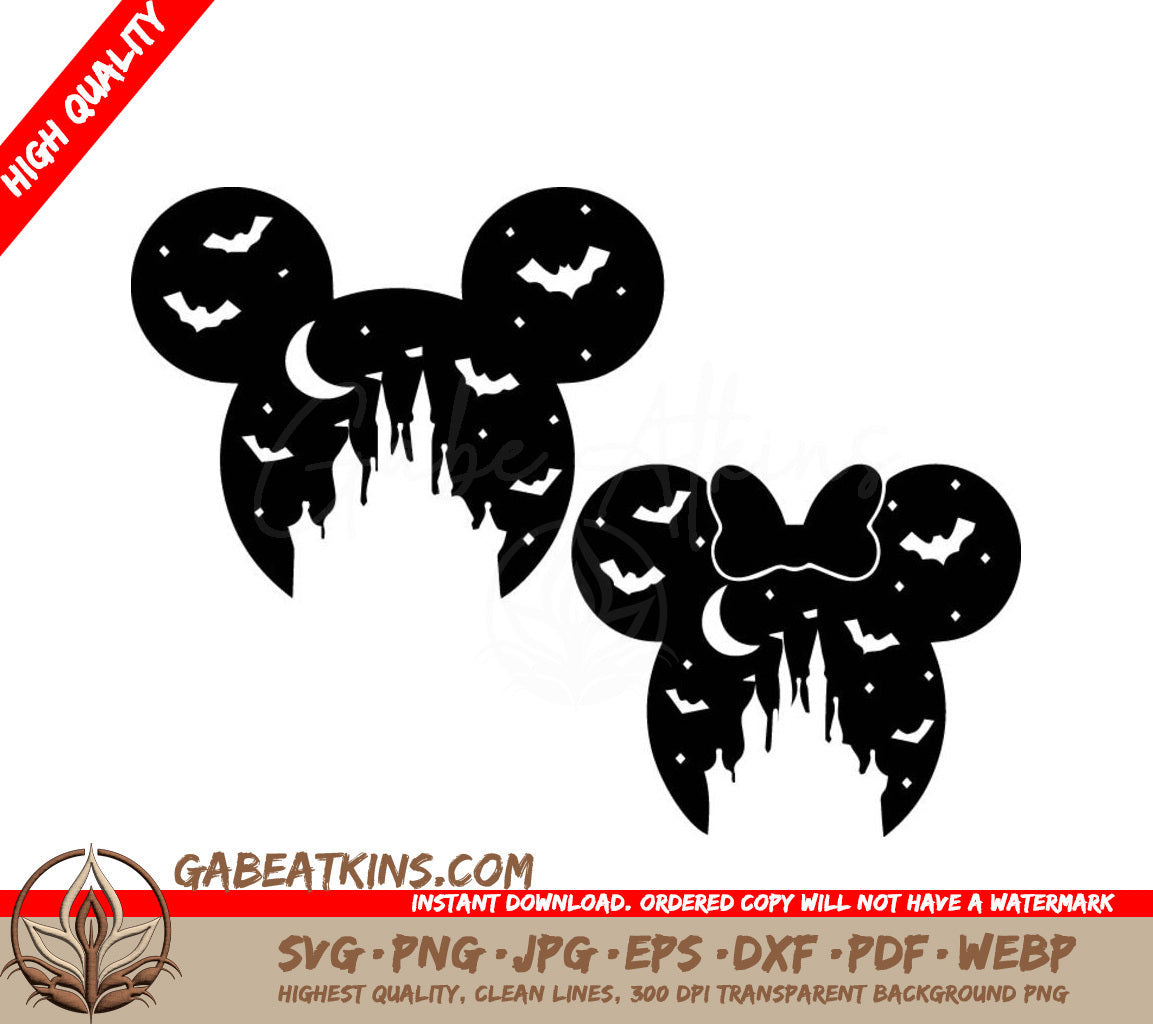 A Pair Of Mickey Mouse Ears With Bats And A Castle In The Background SVG - Disney Halloween SVG SVG