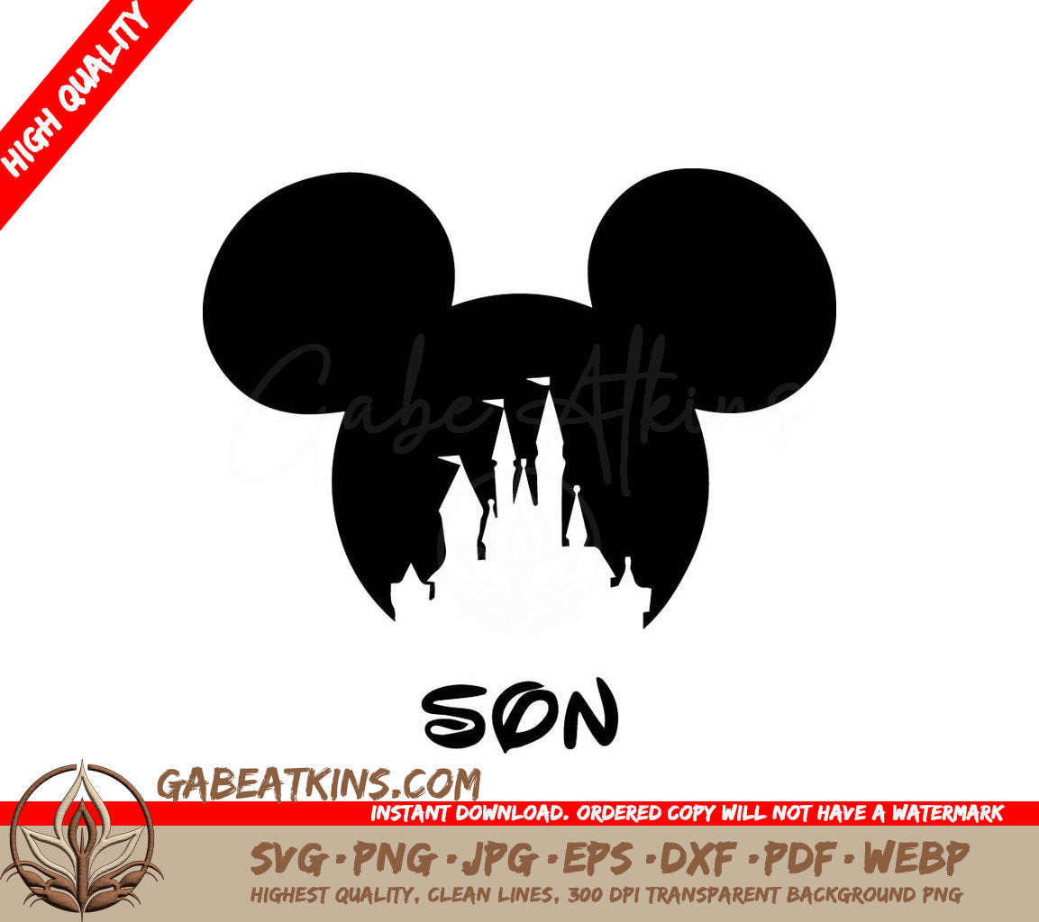 A Silhouette Of Mickey Mouses Ears With A Castle And The Word Son Below It SVG - Disney SVG Mickey Ears - Son SVG