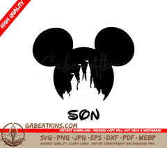 A Silhouette Of Mickey Mouses Ears With A Castle And The Word Son Below It SVG - Disney SVG Mickey Ears - Son SVG