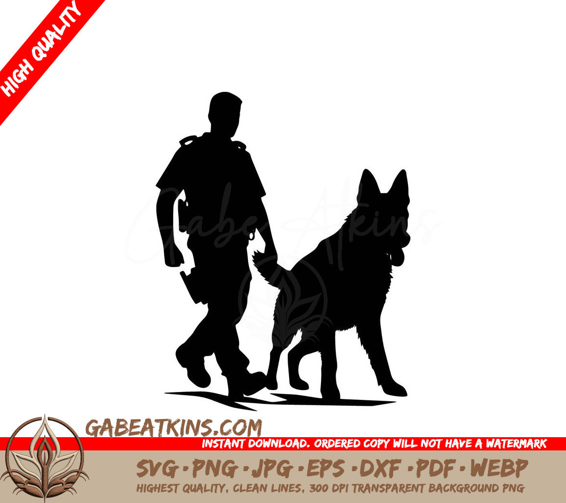 A Silhouette Of A Police Officer Walking A Dog SVG - Dog and Police Officer SVG