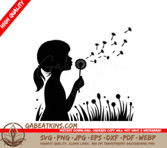 A Silhouette Of A Girl Blowing On A Dandelion SVG - Dreams on a Breeze SVG