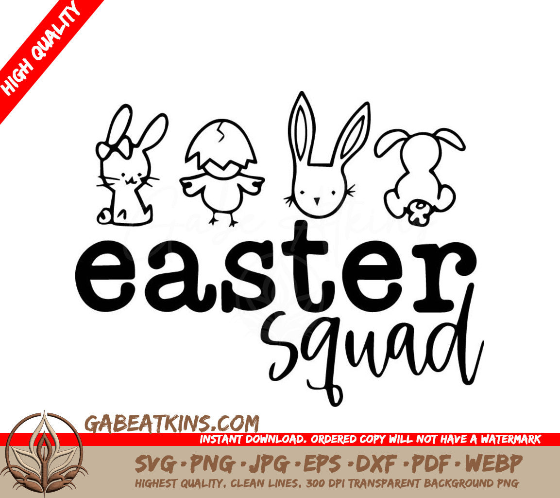 A Black And White Easter Squad Logo With Rabbits And Chickens SVG - Easter Squad SVG SVG