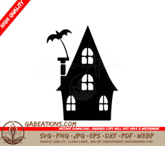 Haunted House Silhouette SVG with Bat - Eerie Halloween Design SVG