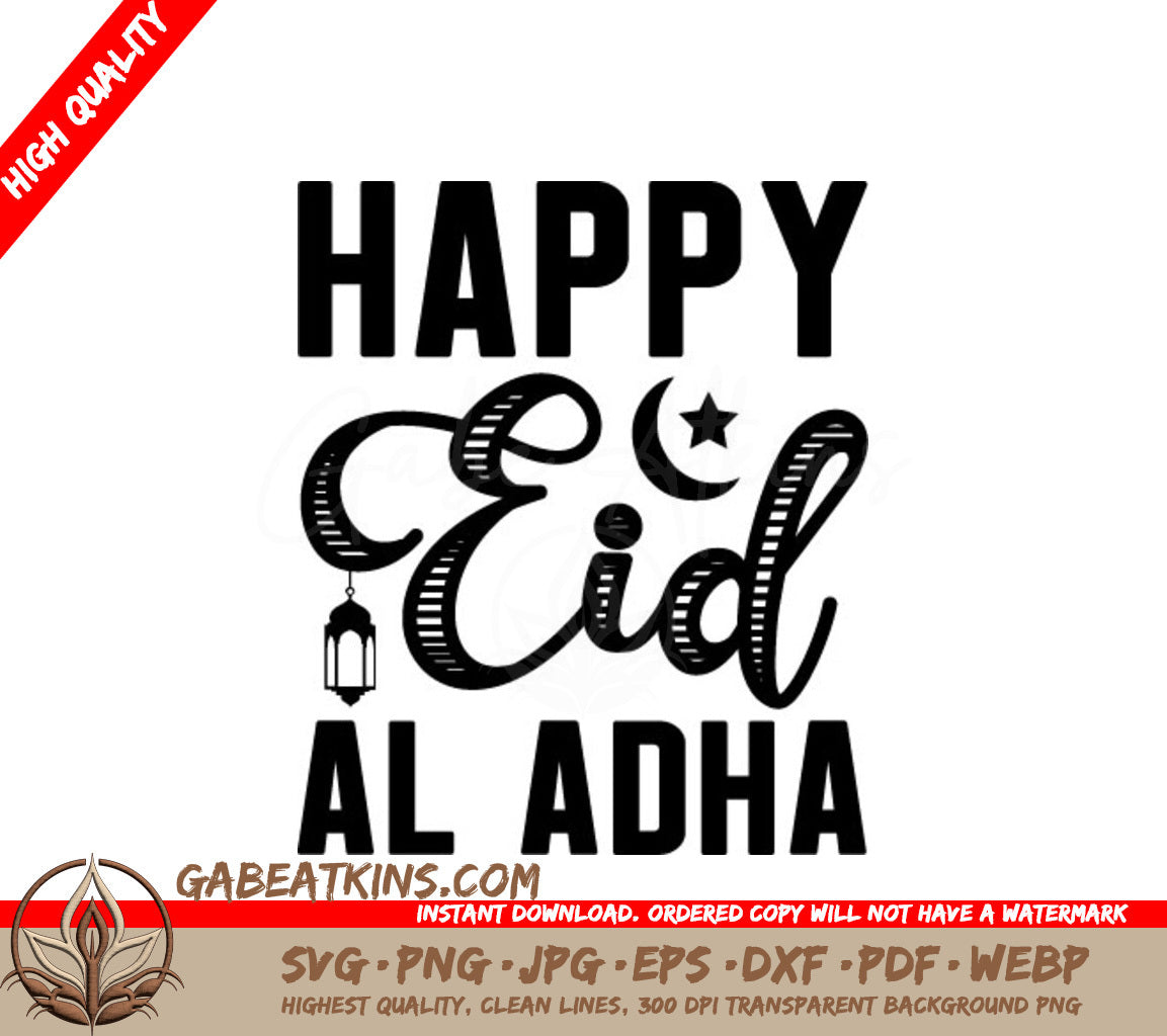 Happy Eid Al Adha SVG with Crescent Moon and Star SVG