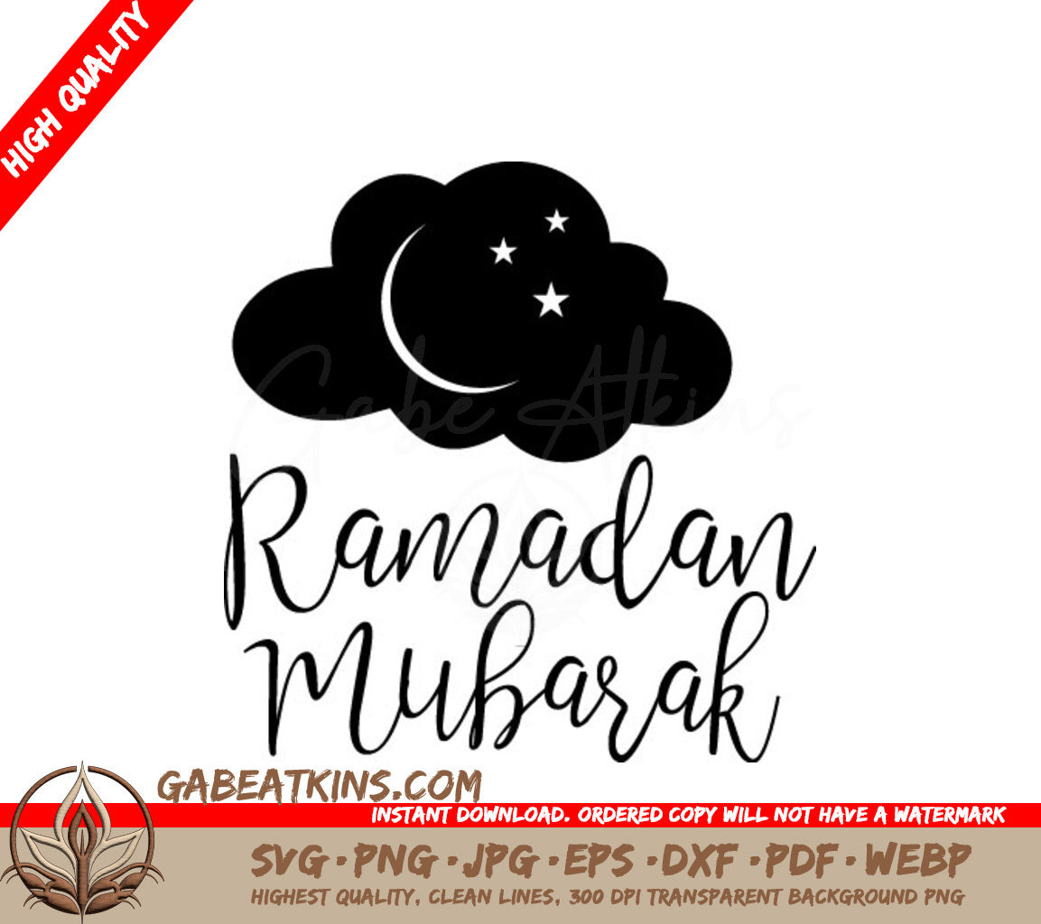 Eid Mubarak Ramadan Silhouette SVG - Cloud, Crescent Moon & Stars SVG