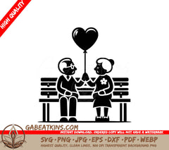 An Elderly Couple Sitting On A Bench With A Heart Shaped Balloon SVG - Elderly Lovebirds SVG