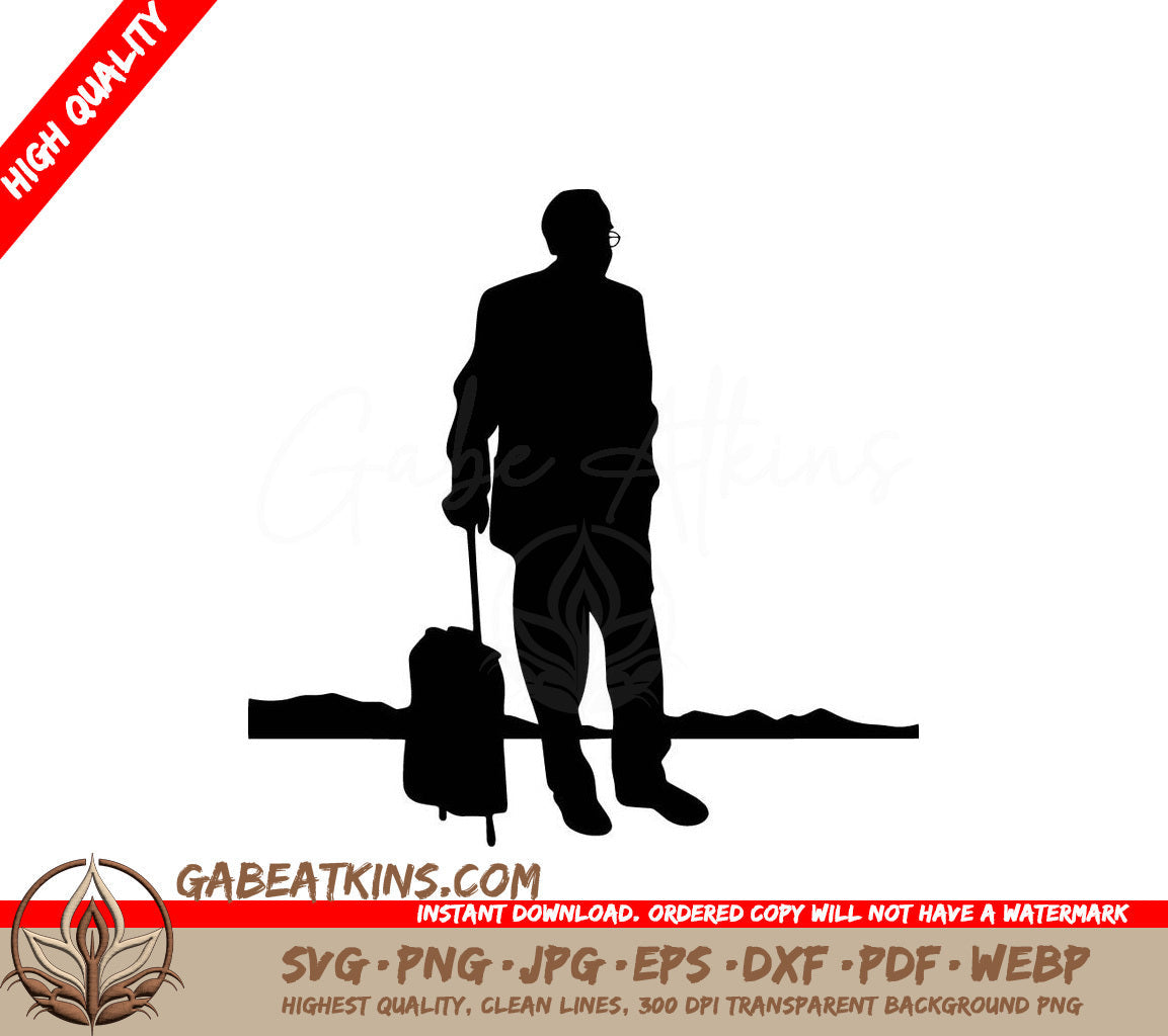 A Silhouette Of A Man In A Suit Carrying A Suitcase SVG - Elderly Man with Suitcase SVG