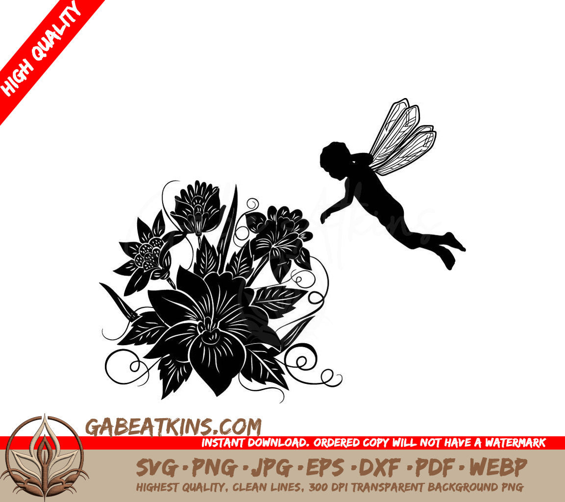  Fairy Flying Over Flowers SVG Silhouette Illustration SVG