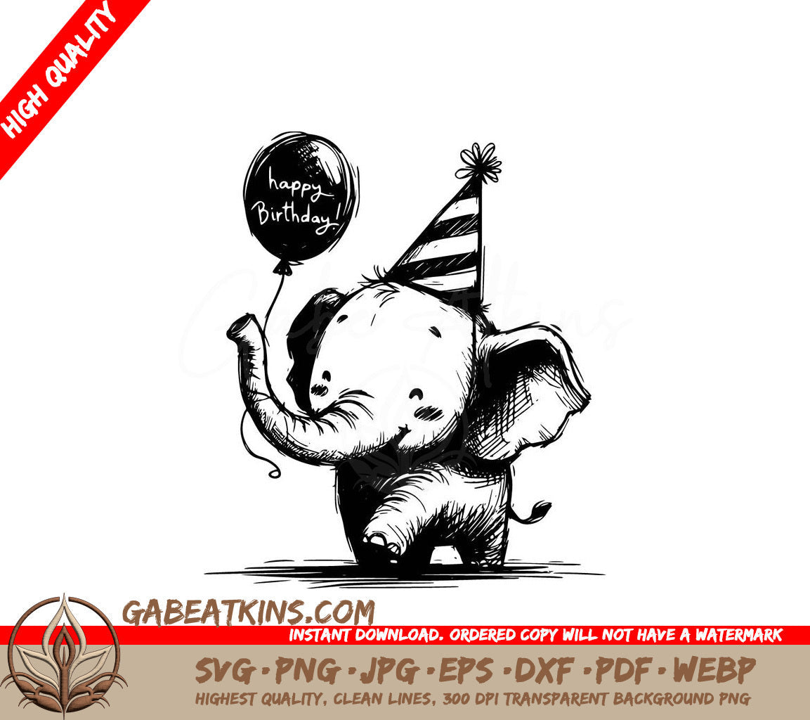 An Elephant Wearing A Party Hat Is Holding A Balloon That Says Happy Birthday SVG - Elephant Celebration SVG