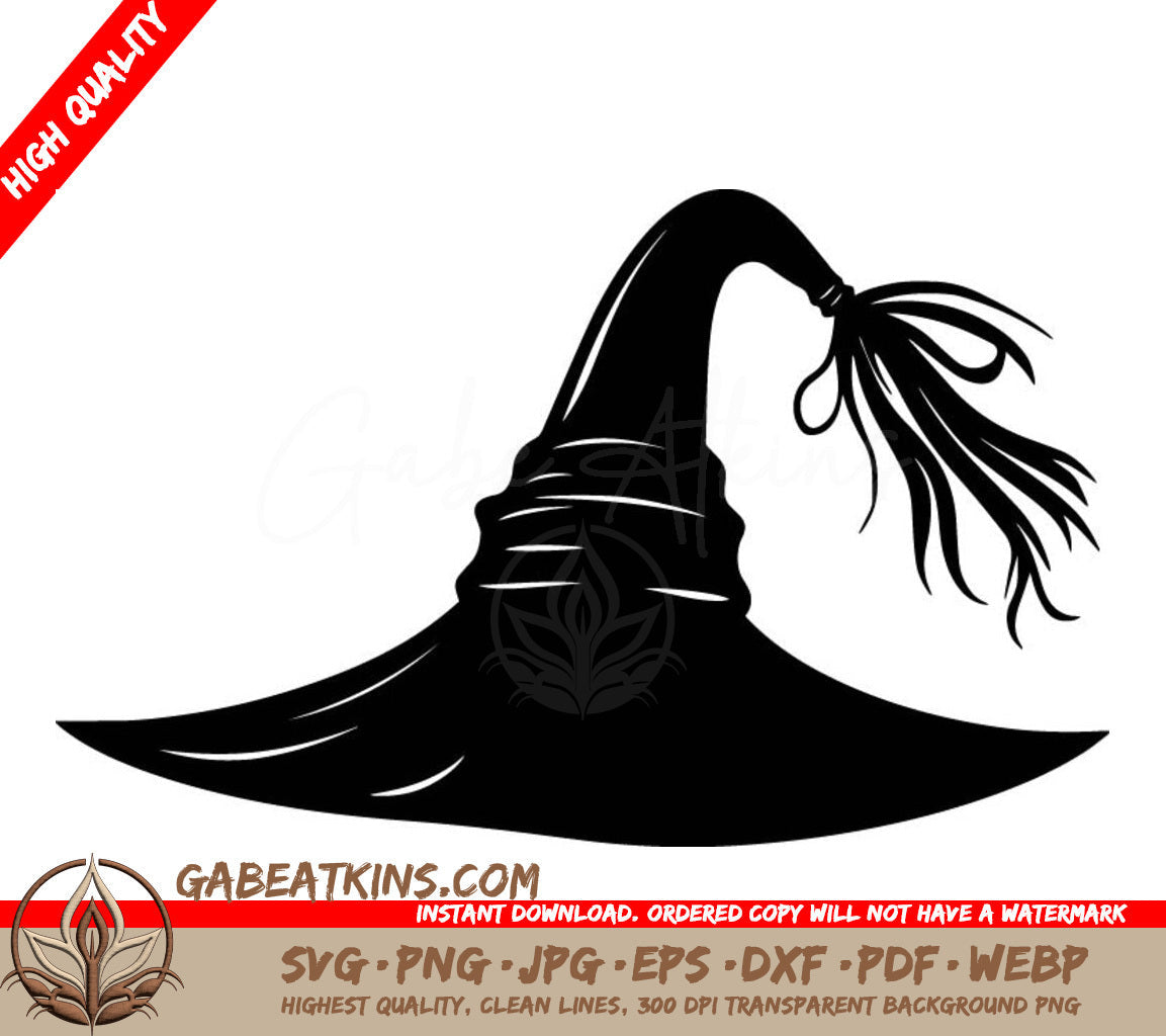 A Black And White Silhouette Of A Witchs Hat With A Long Tail .