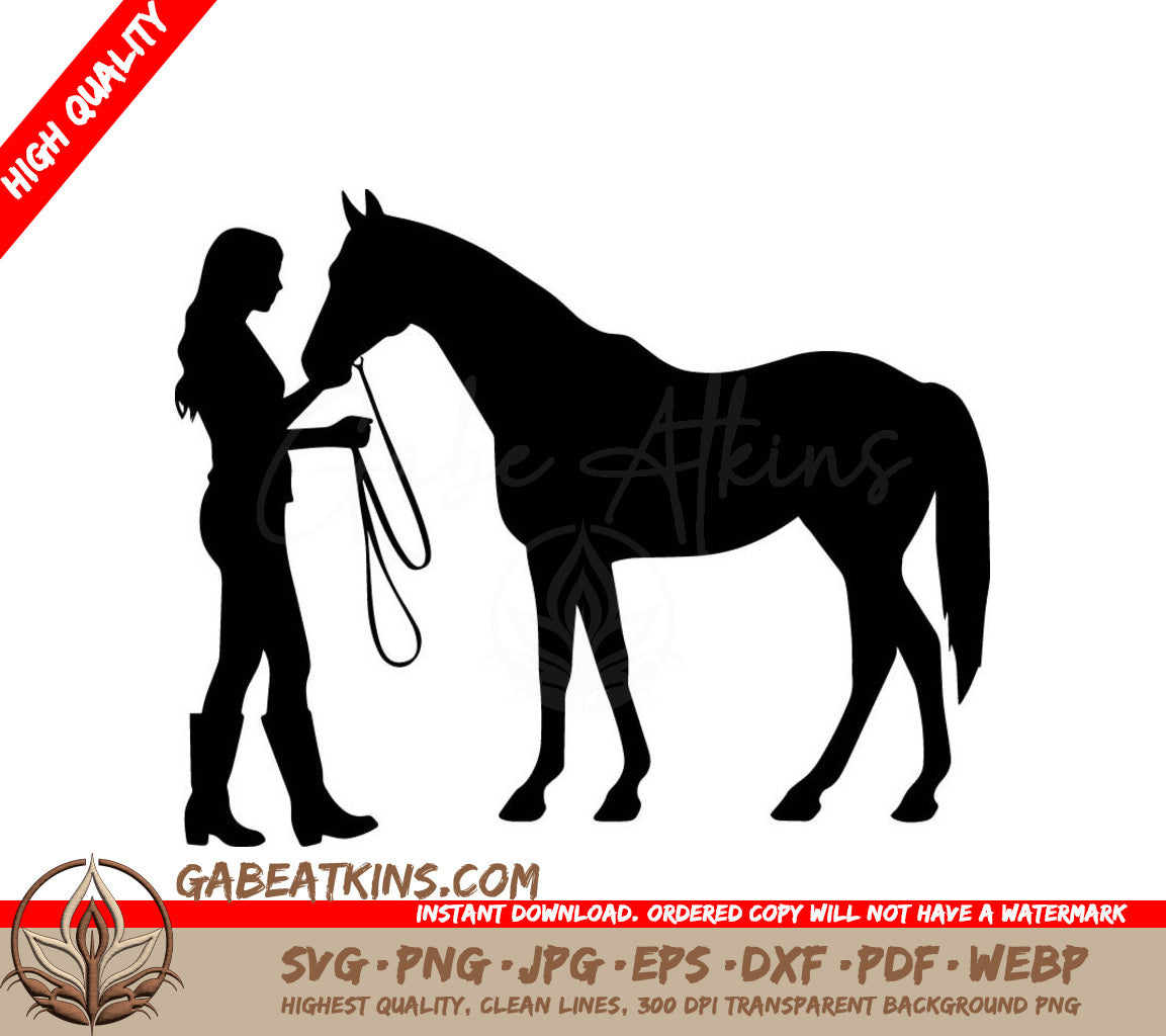 A Silhouette Of A Woman Standing Next To A Horse SVG - Equestrian Kindness SVG