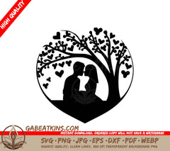 A Silhouette Of A Man And Woman Kissing Under A Tree In The Shape Of A Heart SVG - Everlasting Love Tree SVG