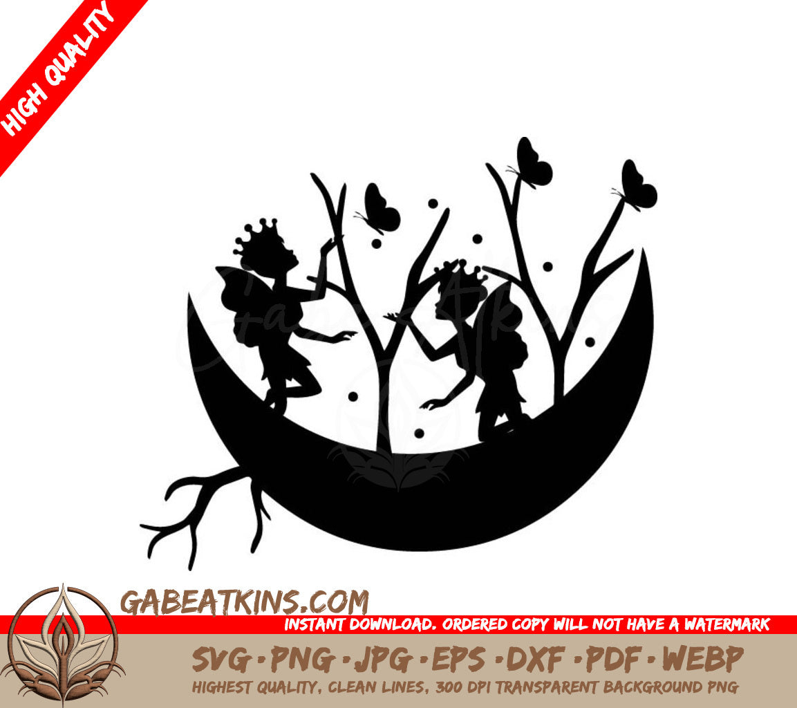 Crescent Moon Fairy SVG Bundle Two Fairies, Butterflies & Flowers SVG