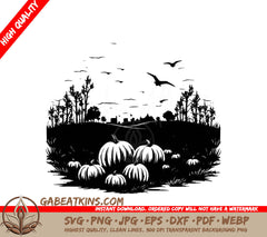 A Black And White Drawing Of Pumpkins In A Field