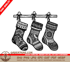 Three Christmas Stockings Are Hanging On A Wooden Pole SVG - Family Boho Stockings SVG