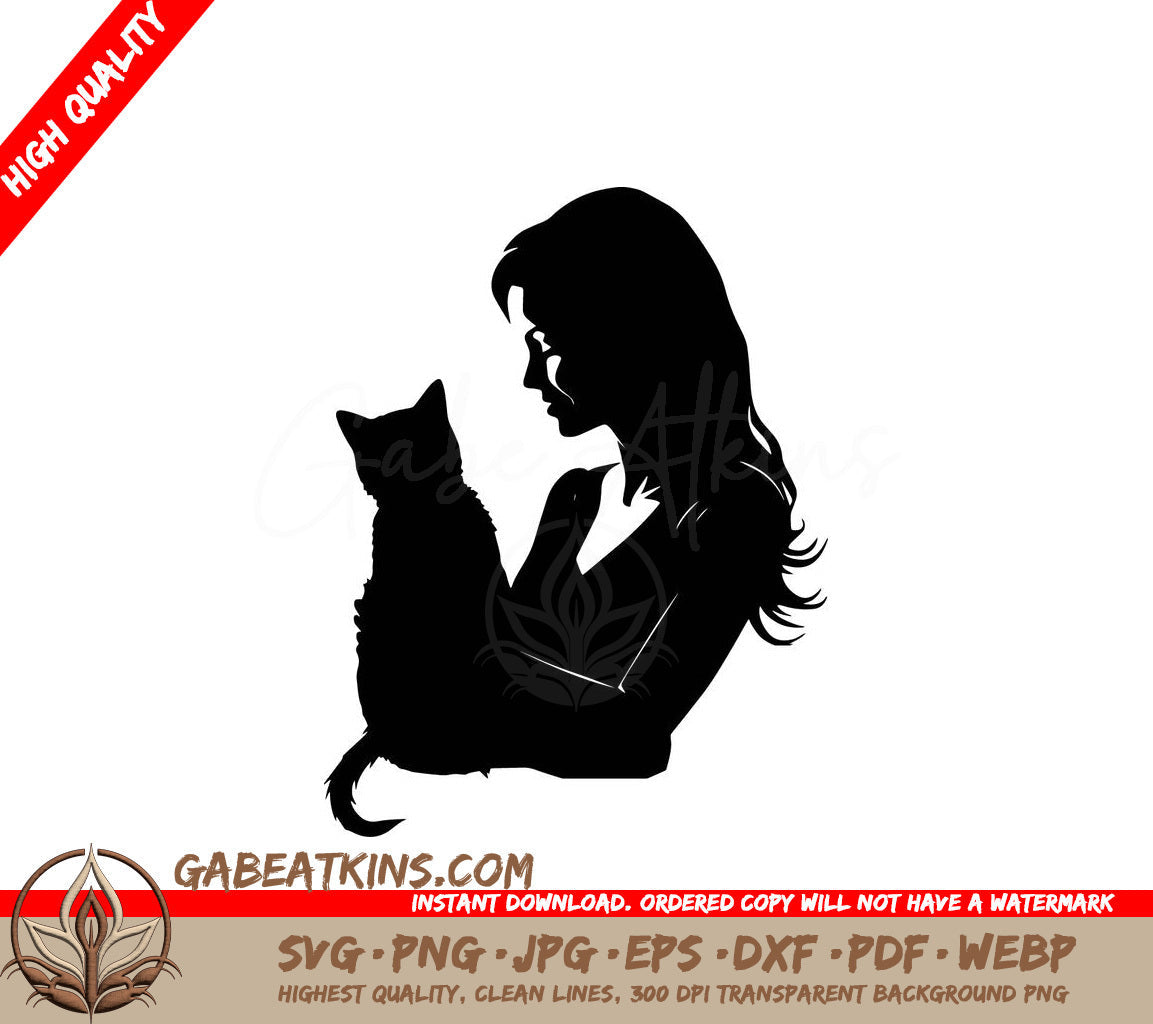 A Black And White Silhouette Of A Woman Holding A Cat SVG - Feline Embrace SVG