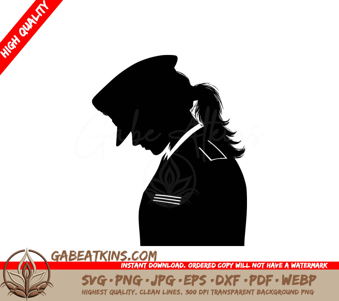 A Black And White Silhouette Of A Woman Wearing A Hat SVG - Female Soldier SVG