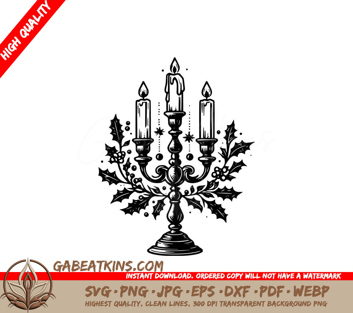  A Candelabra With Candles And Holly SVG - Festive Candle Holder SVG