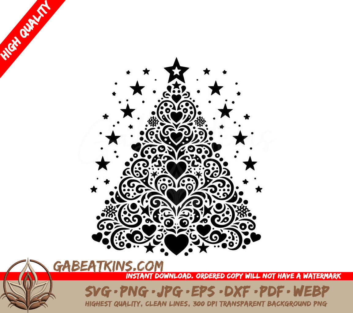 A Black And White Christmas Tree With Hearts Stars And Snowflakes SVG - Festive Christmas Love SVG