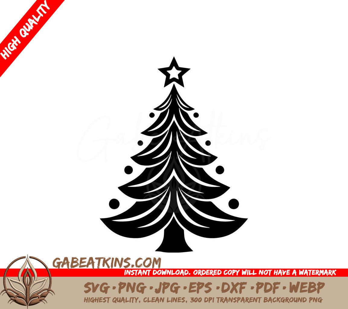 A Black And White Christmas Tree With A Star On Top SVG - Festive Christmas Tree SVG