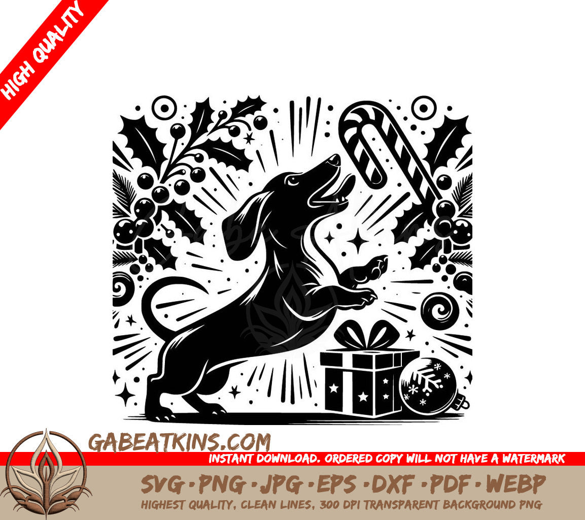 A Black And White Illustration Of A Dachshund Holding A Candy Cane SVG - Festive Dachshund SVG