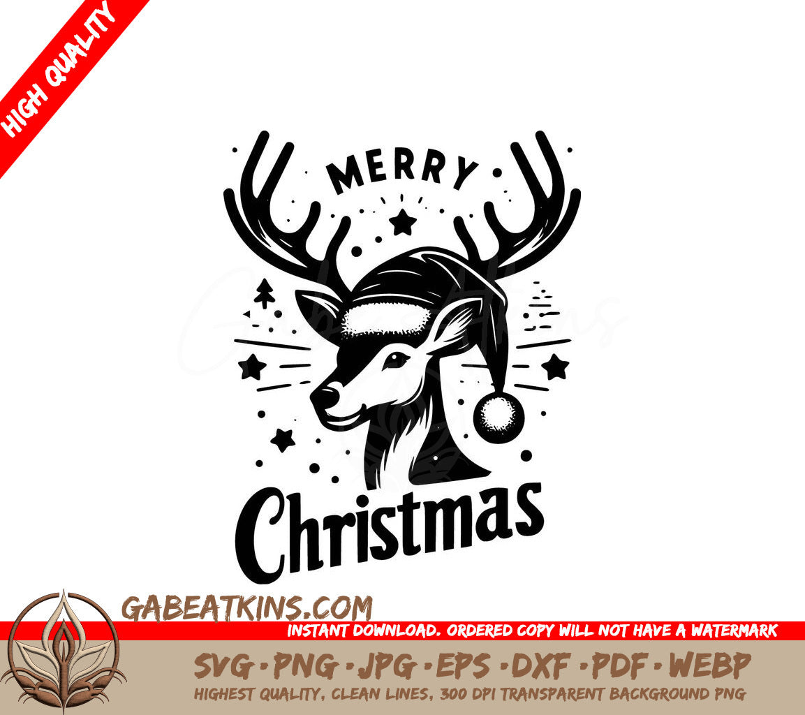 A Reindeer Wearing A Santa Hat With The Words Merry Christmas Below It SVG - Festive Deer SVG