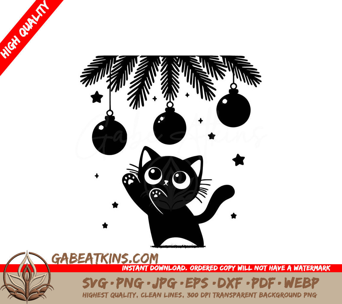 A Black Cat Is Playing Under A Christmas Tree SVG - Festive Feline Fun SVG