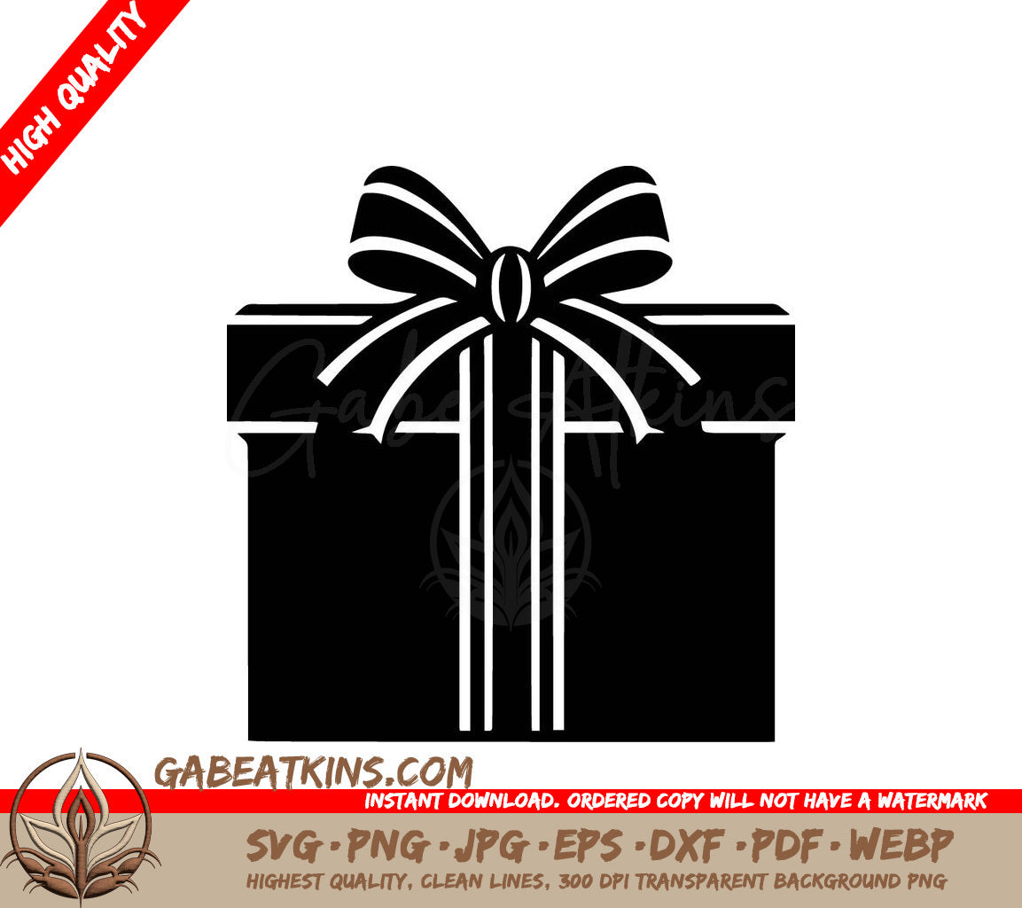 A Black And White Silhouette Of A Gift Box With A Bow SVG - Festive Gift Box SVG