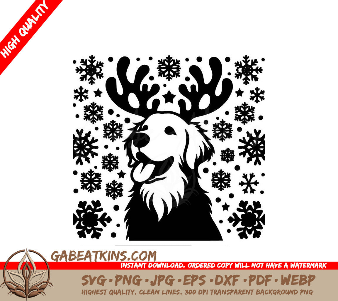  A Dog With Antlers Surrounded By Snowflakes SVG - Festive Golden Retriever SVG