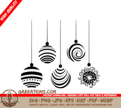 A Set Of Black And White Christmas Ornaments Hanging From A String SVG - Festive Ornaments SVG