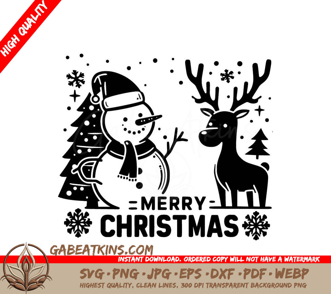 A Black And White Christmas Card With A Snowman And Reindeer SVG - Festive Reindeer and Snowman SVG