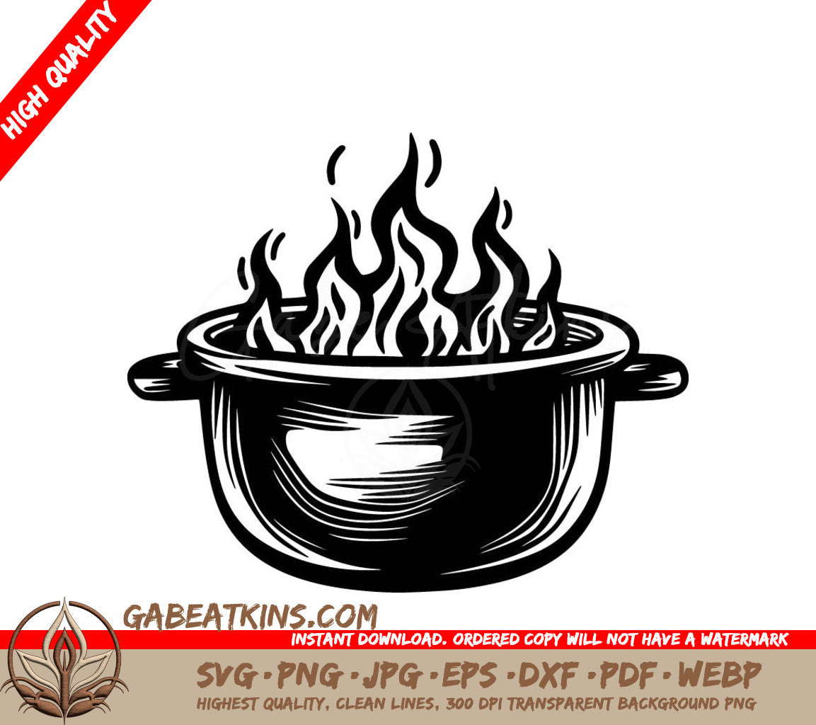 A Black And White Drawing Of A Pot With Flames Coming Out Of It