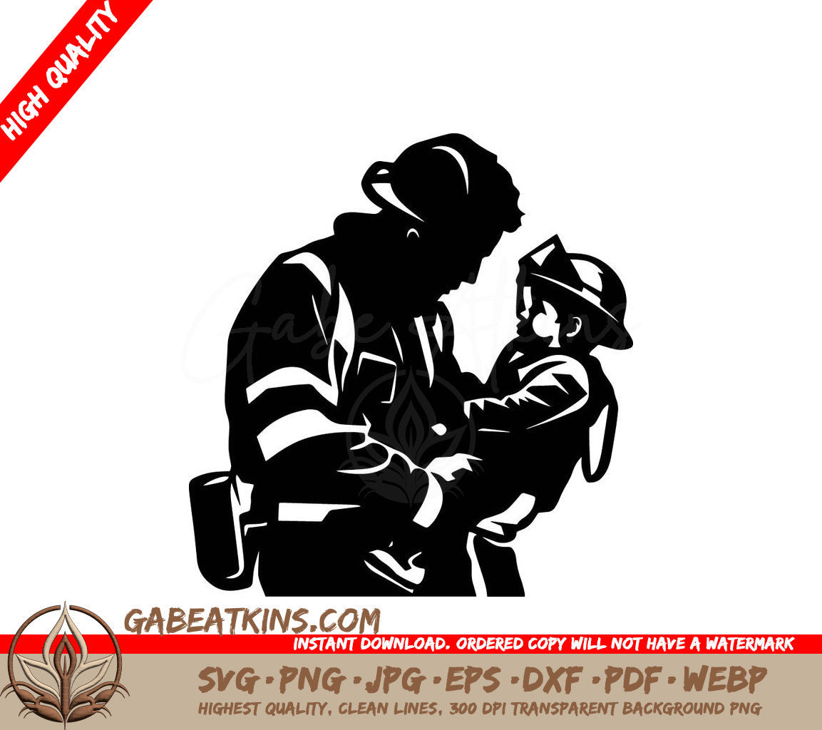 A Fireman Is Holding A Child In His Arms SVG - Firefighter with Child SVG