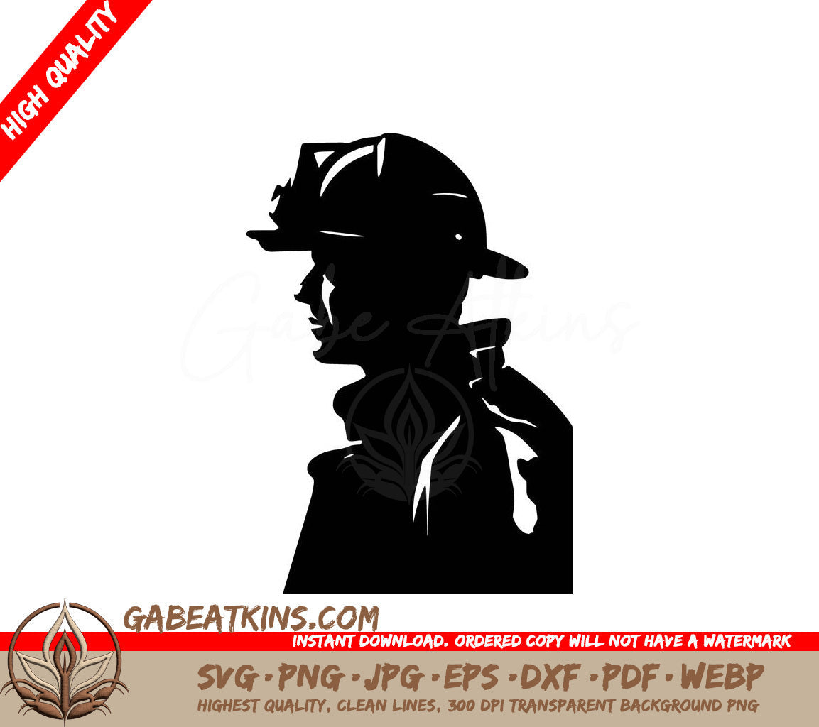 A Black And White Silhouette Of A Fireman Wearing A Helmet SVG - Fireman SVG