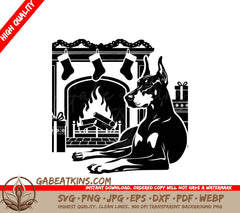  A Dog Laying In Front Of A Fireplace SVG - Fireplace Doberman SVG