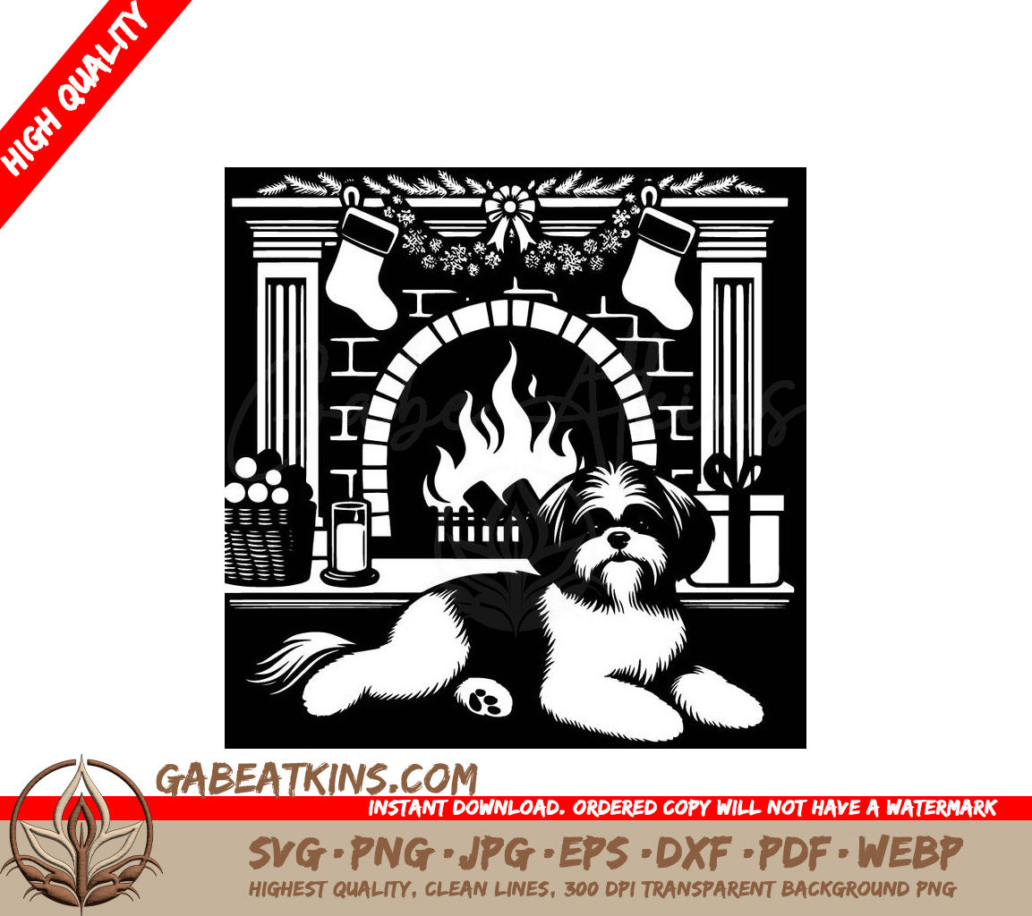  A Dog Laying In Front Of A Fireplace SVG - Fireplace Shih Tzu SVG