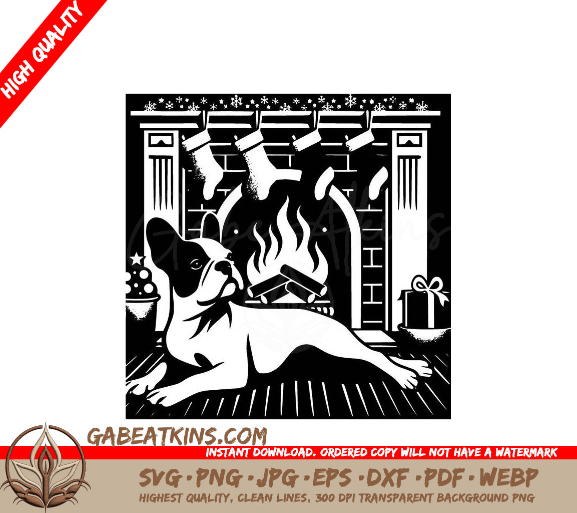  A Dog Laying In Front Of A Fireplace SVG - Fireside Bulldog SVG