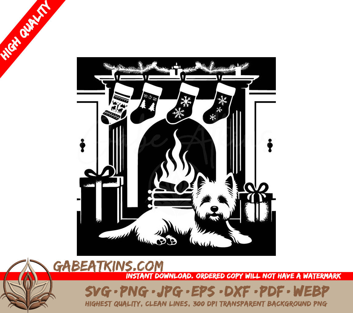 A Dog Is Laying In Front Of A Fireplace With Christmas Stockings Hanging From It SVG - Fireside Christmas Terrier SVG