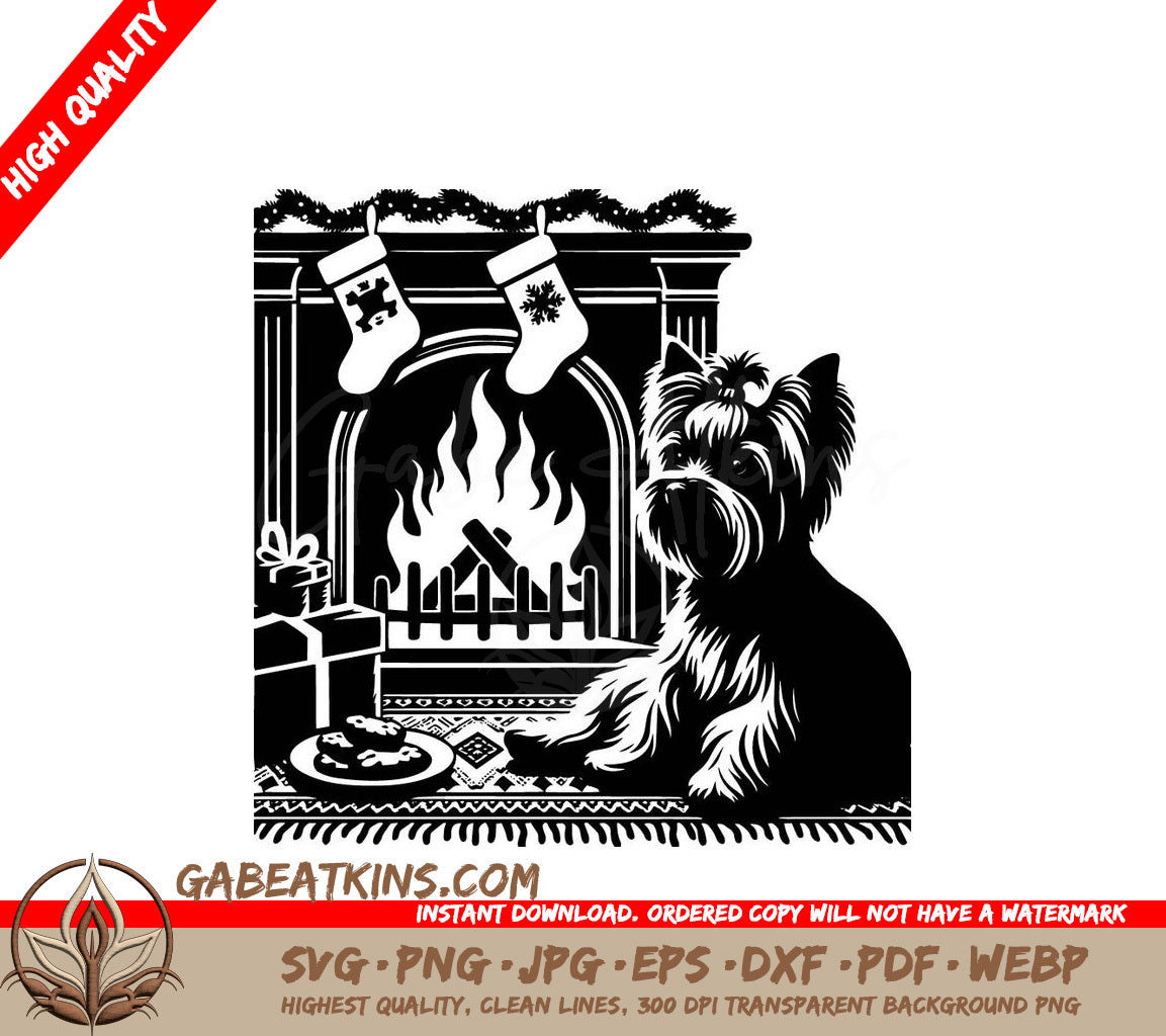  A Dog Sitting In Front Of A Fireplace SVG - Fireside Yorkie SVG