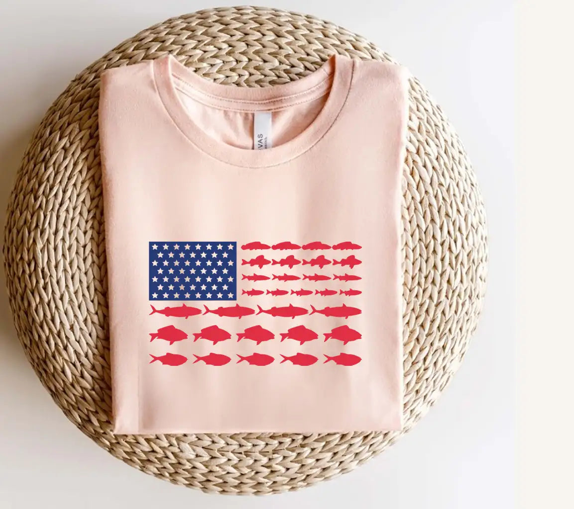 American Flag with Red Fish Silhouettes SVG - Fishing Decor SVG