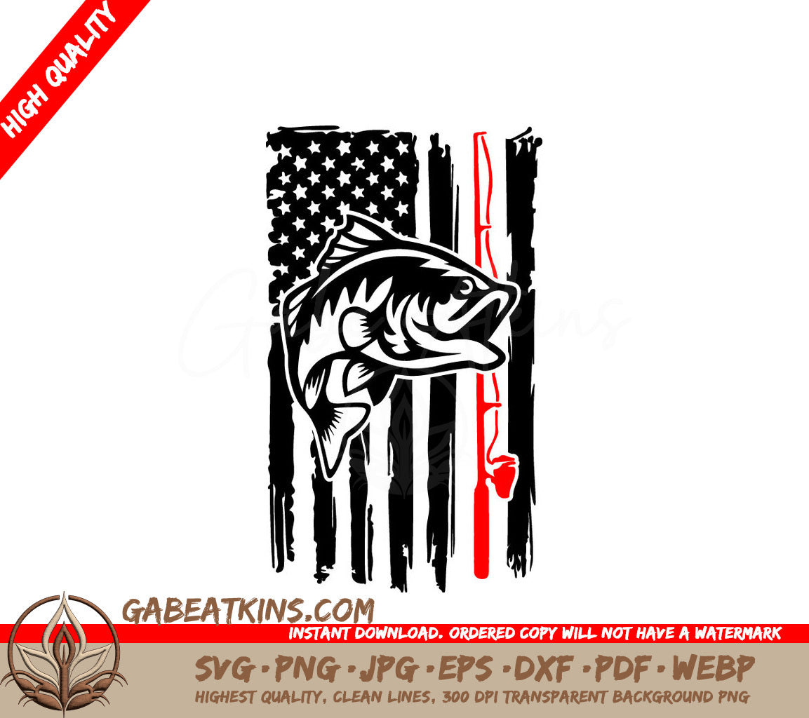 Distressed American Flag with Fish & Rod SVG - Fishing Design SVG