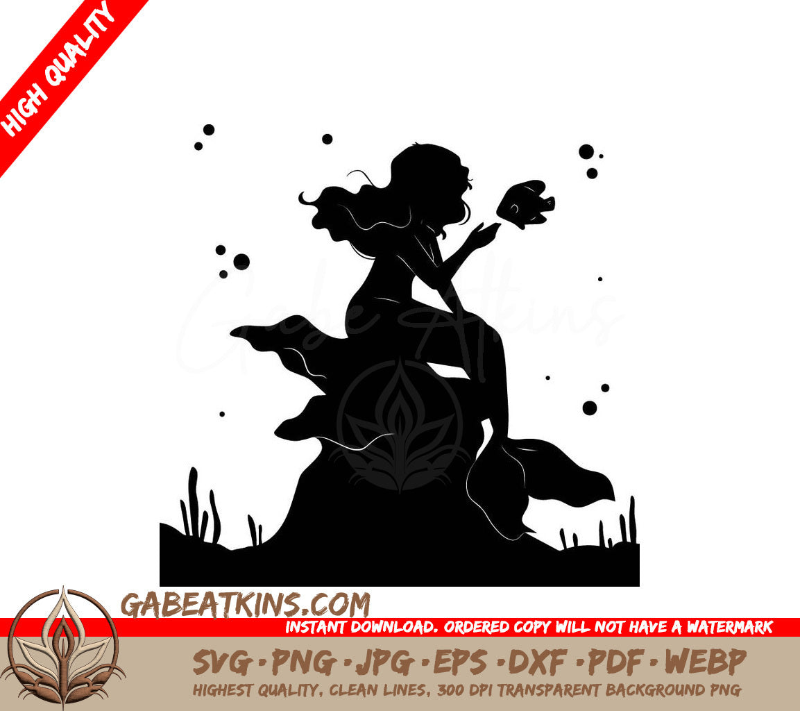 Mermaid Silhouette SVG - Sitting on Rock with Fish - Flat Design SVG