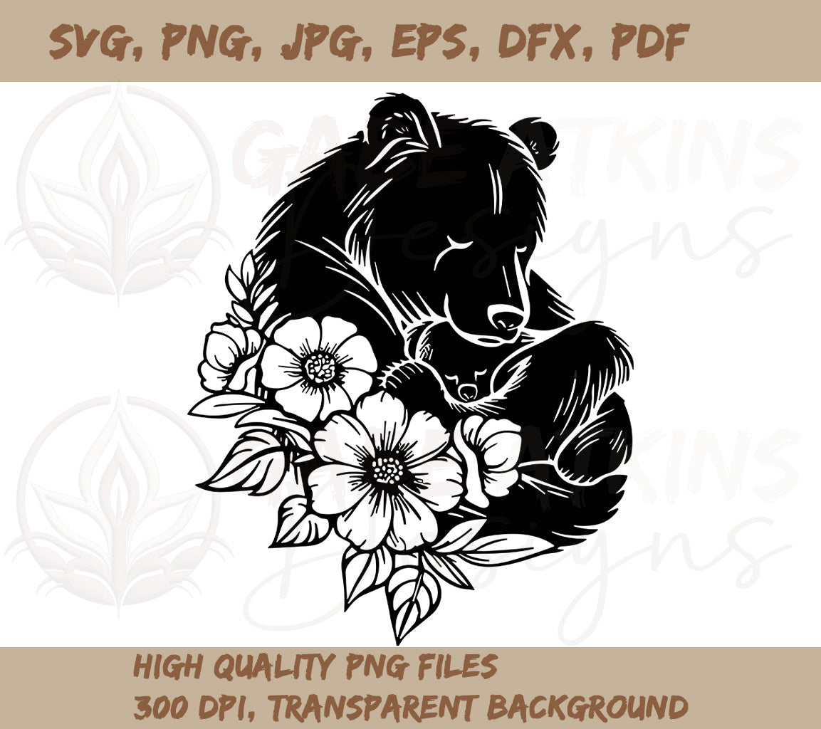 Floral Mama Bear and Baby Cub SVG - Cuddle Up with the Cutest Critters | SVG, PNG, JPG, PDF, DXF, EPS,