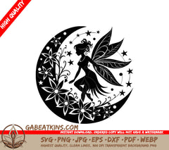 Floral Fairy Moonlit Bloom SVG - Crescent Moon & Flowers SVG