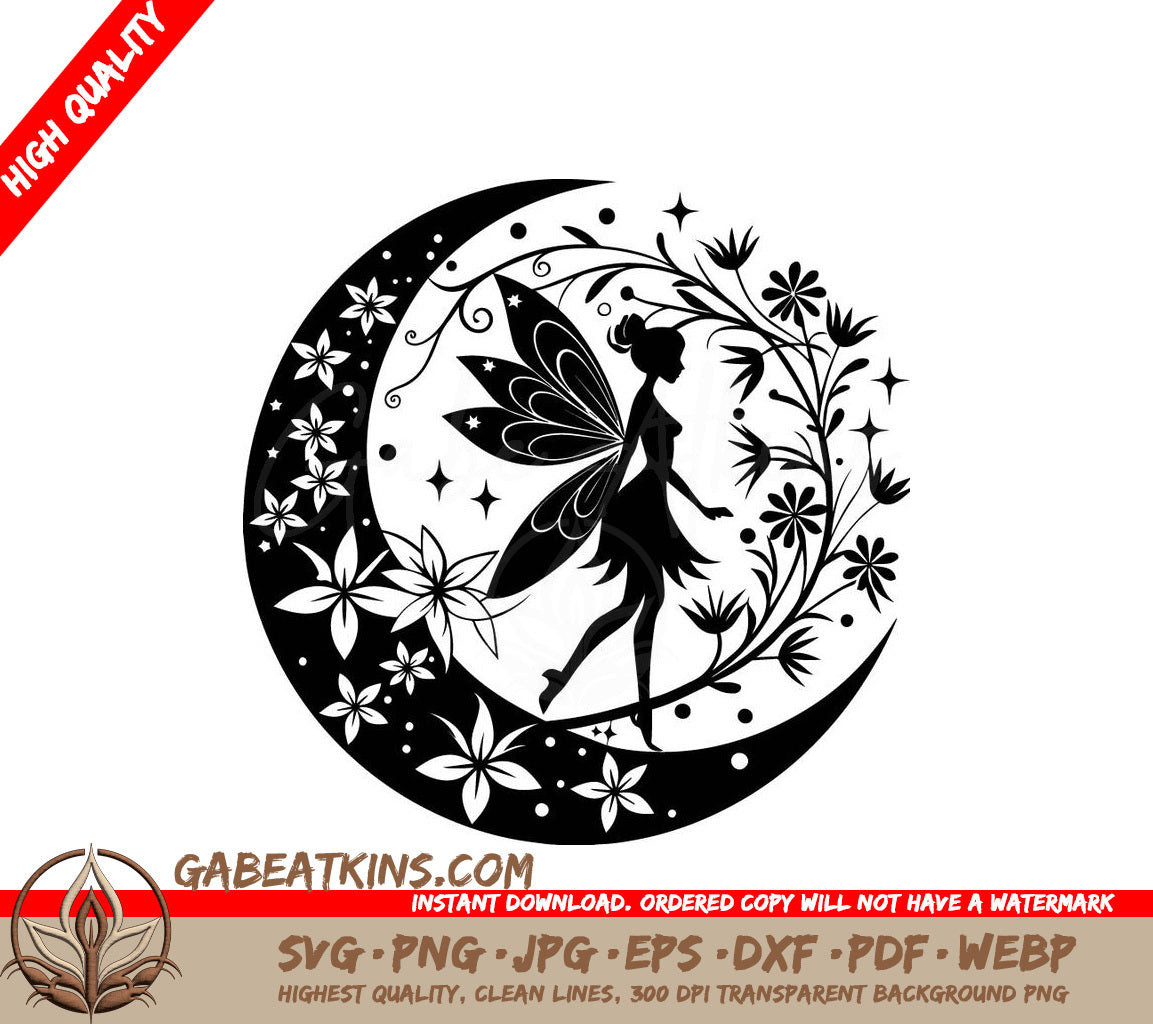 Floral Moonlight Fairy SVG Crescent Moon & Flowers Design SVG