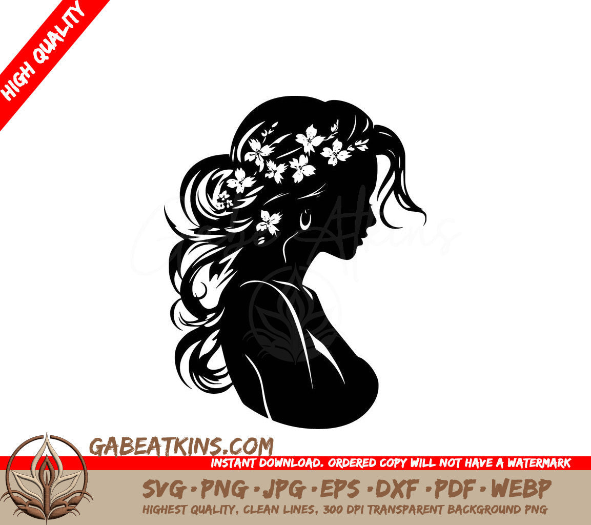 A Silhouette Of A Woman With Flowers In Her Hair SVG - Floral Beauty SVG